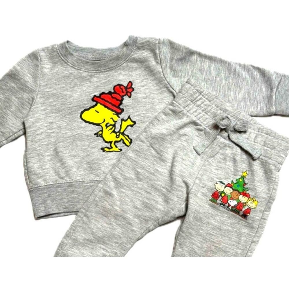 Peanuts 12m Gray Sweatshirt Sweatpants Set Woodstock Snoopy Christmas outfit